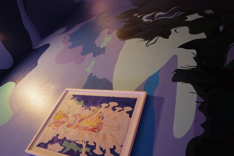 Liquid Sky mural with Catching Air work on paper, In Miami installation